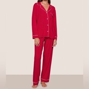 Eberjey Gisele Tencel Modal Long Pajama 2 Piece Set Red with White Trim Size XS